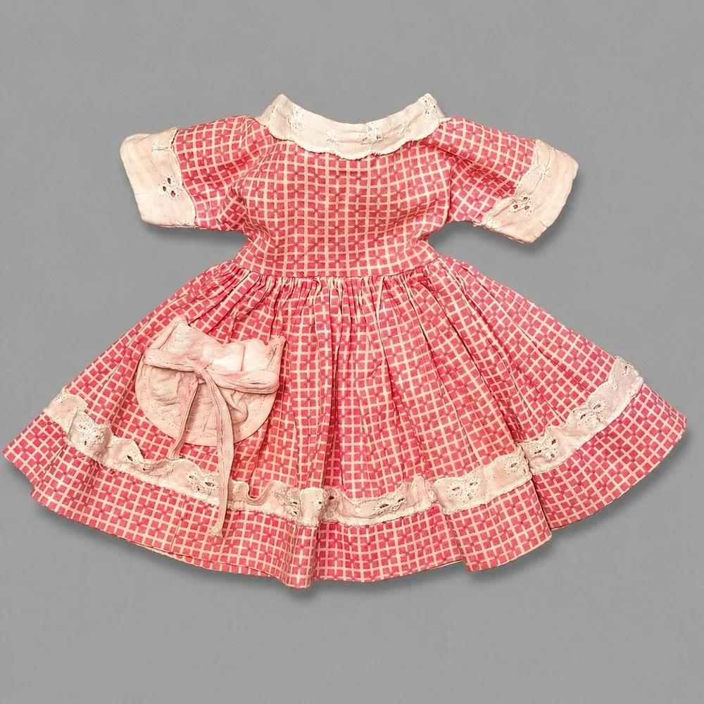 Vtg 50's Pink Gingham Flare Doll Dress Eyelet Lace Pocket Fits 8
